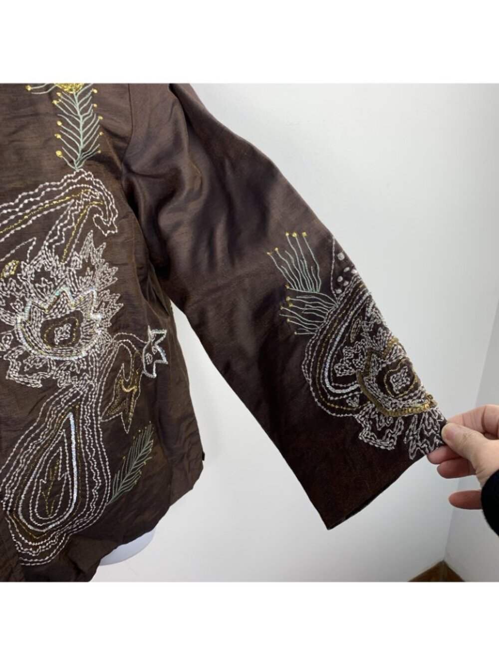 VINTAGE Indigo Moon Womens Blazer Sz L Brown Button Front Feather Embroidery NEW - Picture 6 of 12